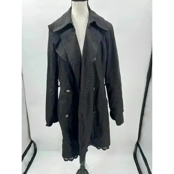 Betsey Johnson Women's Black Button-Up Trench Coat with Lace Trim Detail Medium - Picture 1 of 6